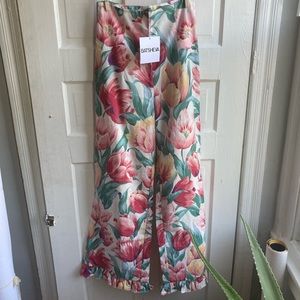 Batsheva Floral Wide-Leg Trousers in Pink, Green and Cream NWOT